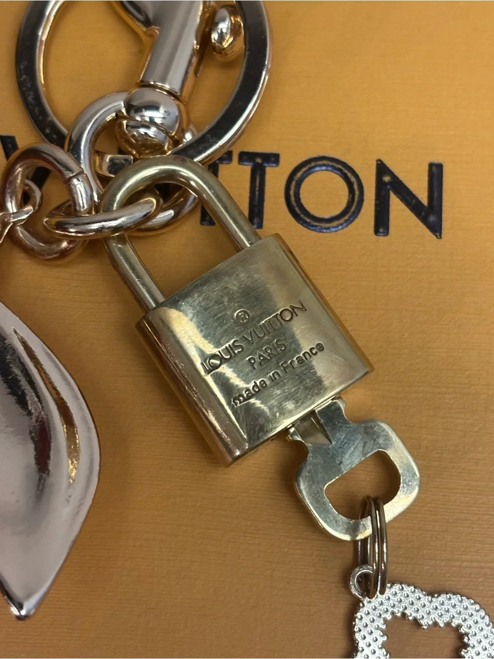 AUTHENTIC LOUIS VUITTON BRASS LOCK AND KEY #322, CHERRY BAG CHARM, 4.5 INCHEs